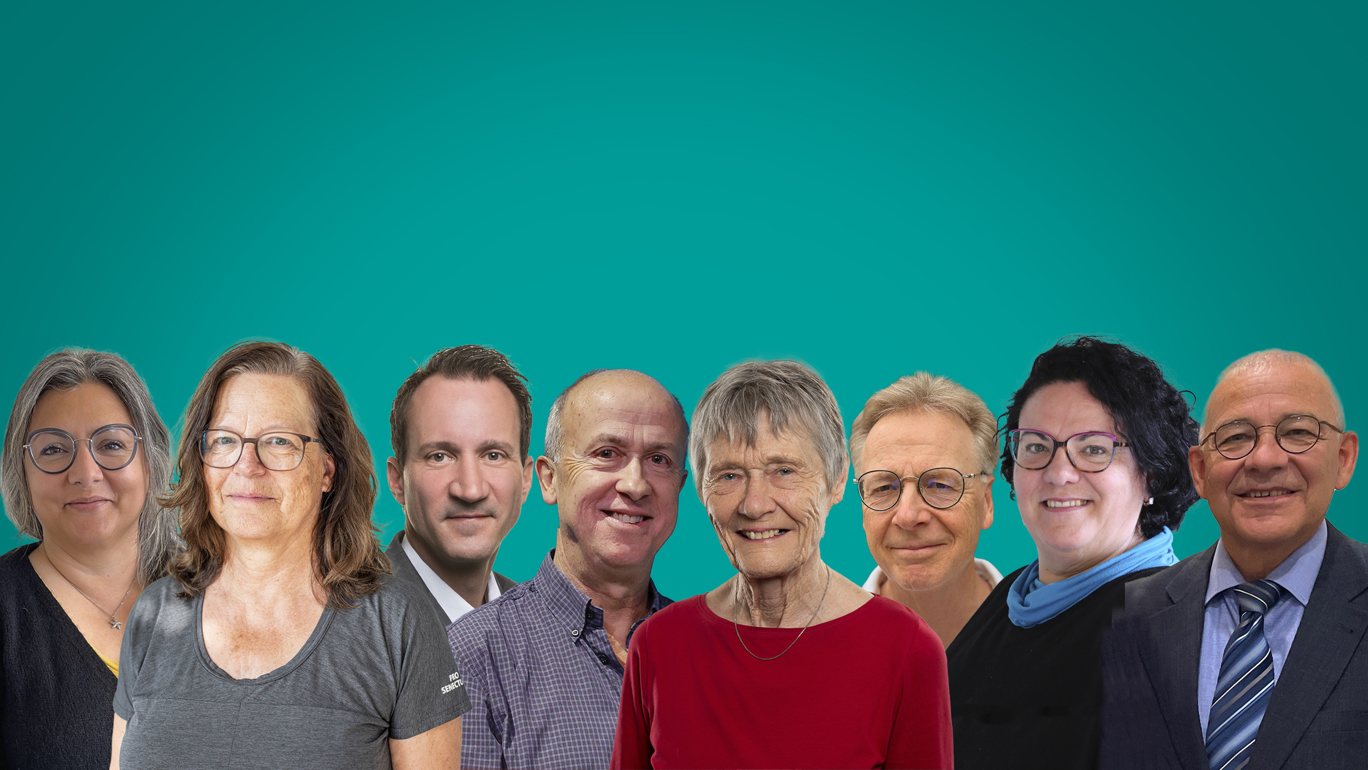 Da sinistra a destra: Rosa Tschanz, Erika Tschumi, Yann Tornare, Siegfried Schiesser, Marie-Theres Sieber, Peter Dietschi, Antonietta Scottino, Thomas Hobor